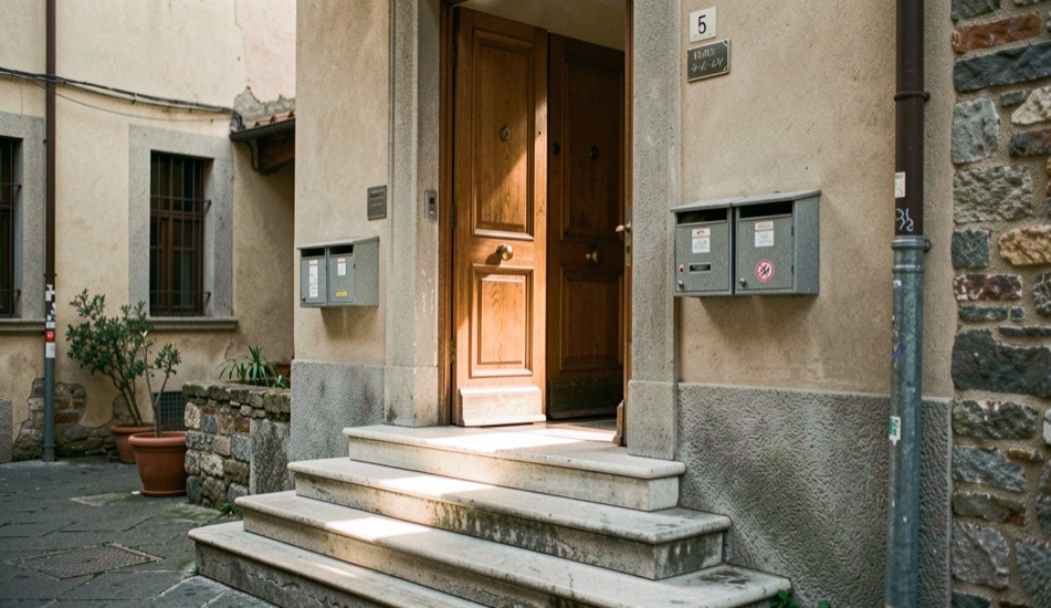Portone in legno di un palazzo italiano appena aperto sul cortile interno, luce del mattino sui gradini di pietra e sulle cassette della posta