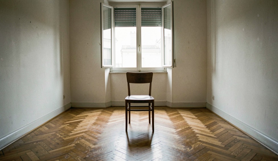 Stanza vuota di un appartamento con il parquet a spina di pesce, una finestra aperta con le tapparelle abbassate a metà e una sola sedia di legno al centro, luce del pomeriggio che disegna strisce sul pavimento
