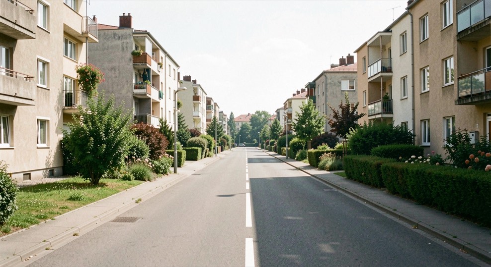 Strada di confine fra un tessuto urbano denso e una zona di palazzine con giardini, ripresa in una giornata limpida di fine estate