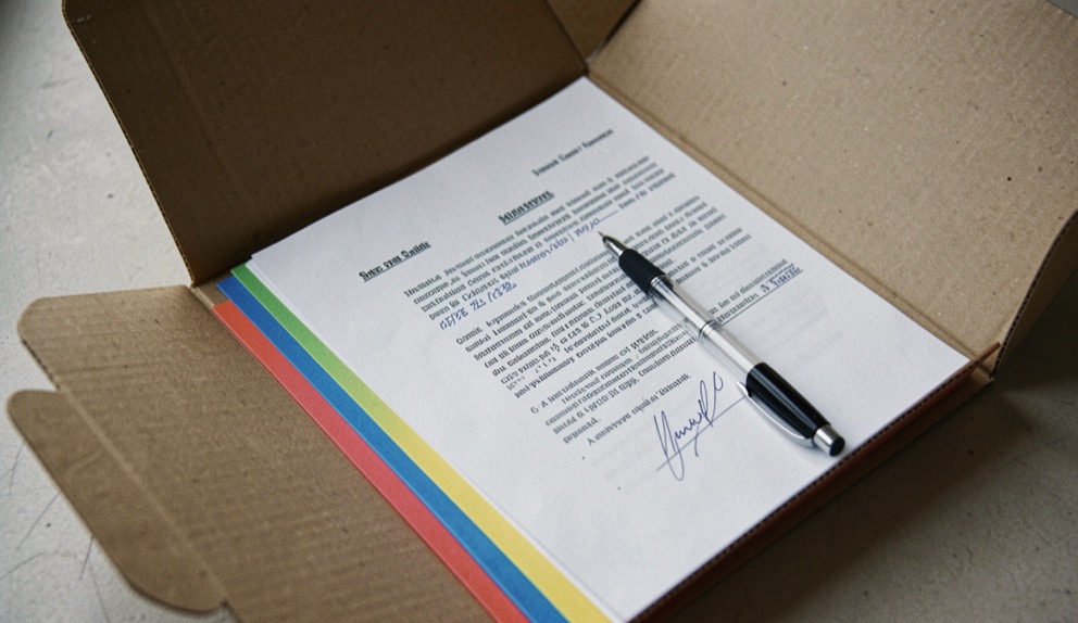 Cartellina di cartone aperta con documenti divisi da separatori colorati e una penna appoggiata sopra la prima pagina
