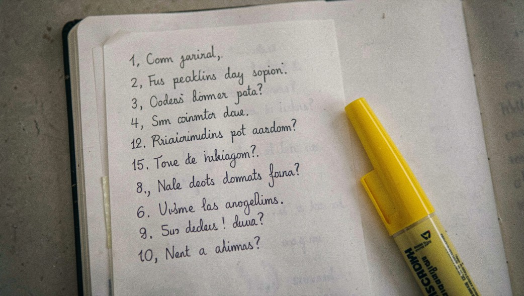 Quaderno aperto con un elenco di domande numerate scritte a penna e un evidenziatore giallo appoggiato sulla pagina destra