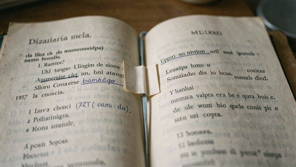 Dizionario aperto su una pagina con alcune parole sottolineate a matita e un segnalibro di carta infilato fra le pagine