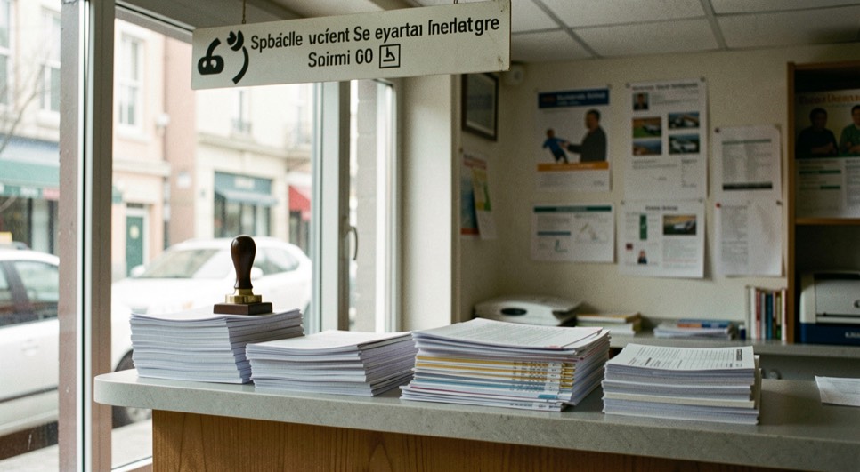 Bancone di uno sportello pubblico con moduli impilati, un timbro e un cartello indicatore appeso al soffitto