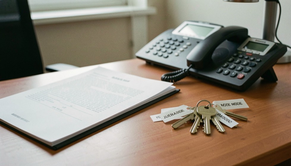 Scrivania di un ufficio immobiliare con una cartellina aperta, un mazzo di chiavi etichettate e un telefono fisso sullo sfondo