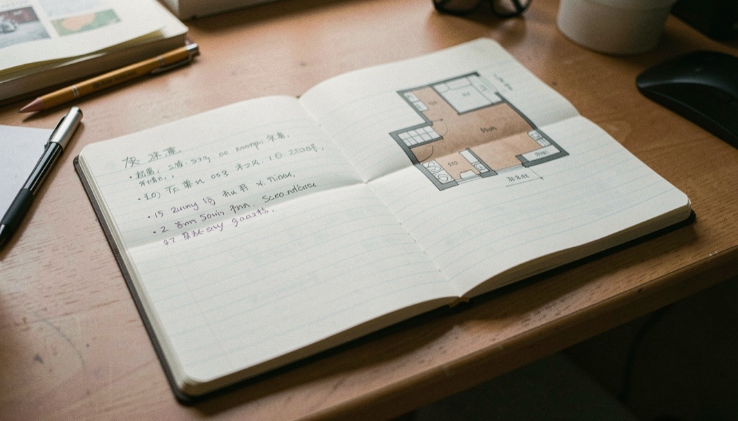Quaderno a righe aperto su una scrivania con annotazioni a matita e una piantina di appartamento piegata a metà