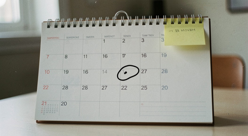 Calendario da tavolo aperto con alcune date cerchiate a penna e un post it giallo attaccato al bordo superiore