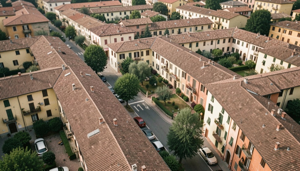 Vista dall'alto di un quartiere residenziale italiano con tetti in coppi, cortili interni, alberi e una strada che attraversa in diagonale